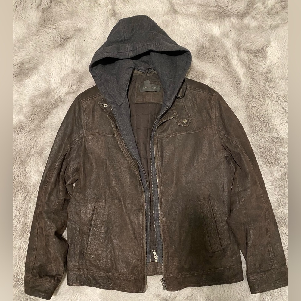 Danier Brown Leather Jacket with Gray Hood